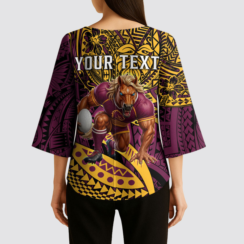 Personalised Brisbane Broncos Kimono Sleeve Blouse Polynesian Tribal Art Style With Hammerhead Mascot