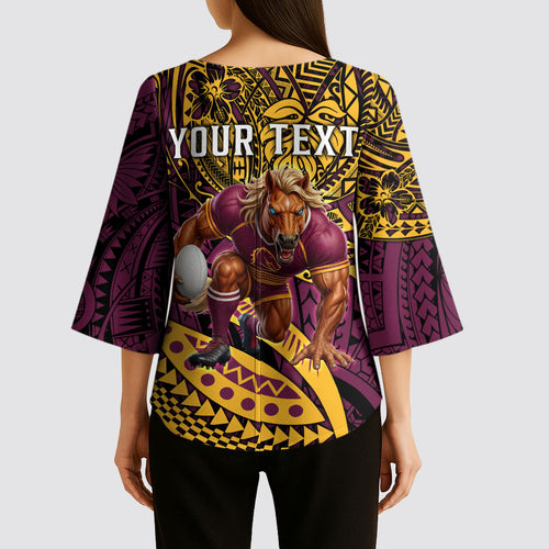 Personalised Brisbane Broncos Kimono Sleeve Blouse Polynesian Tribal Art Style With Hammerhead Mascot