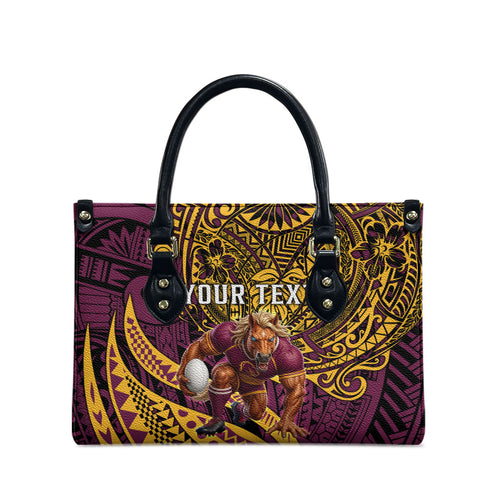 Personalised Brisbane Broncos Leather Bag Polynesian Tribal Art Style With Hammerhead Mascot