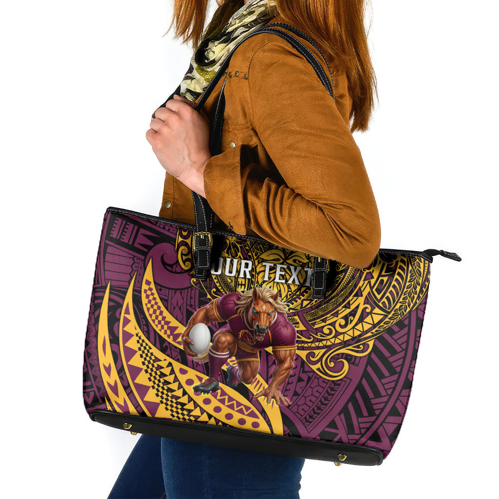 Personalised Brisbane Broncos Leather Tote Bag Polynesian Tribal Art Style With Hammerhead Mascot