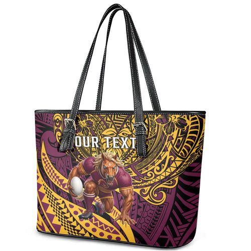 Personalised Brisbane Broncos Leather Tote Bag Polynesian Tribal Art Style With Hammerhead Mascot