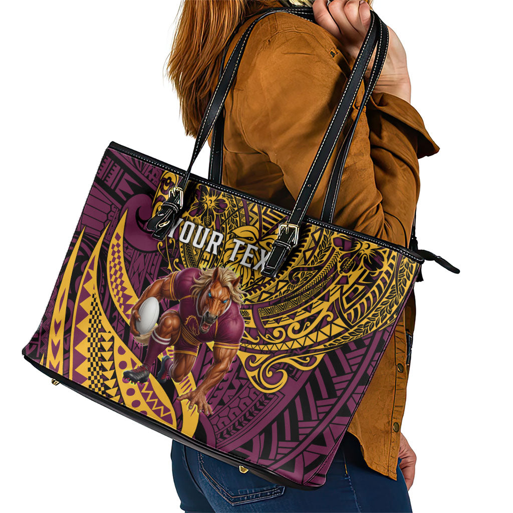 Personalised Brisbane Broncos Leather Tote Bag Polynesian Tribal Art Style With Hammerhead Mascot
