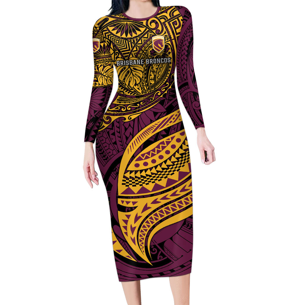 Personalised Brisbane Broncos Long Sleeve Bodycon Dress Polynesian Tribal Art Style With Hammerhead Mascot