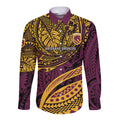 Personalised Brisbane Broncos Long Sleeve Button Shirt Polynesian Tribal Art Style With Hammerhead Mascot