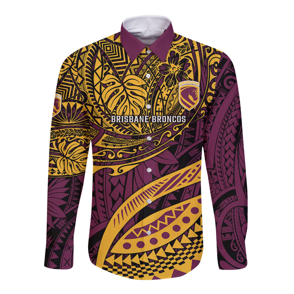 Personalised Brisbane Broncos Long Sleeve Button Shirt Polynesian Tribal Art Style With Hammerhead Mascot