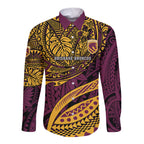 Personalised Brisbane Broncos Long Sleeve Button Shirt Polynesian Tribal Art Style With Hammerhead Mascot