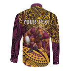 Personalised Brisbane Broncos Long Sleeve Button Shirt Polynesian Tribal Art Style With Hammerhead Mascot