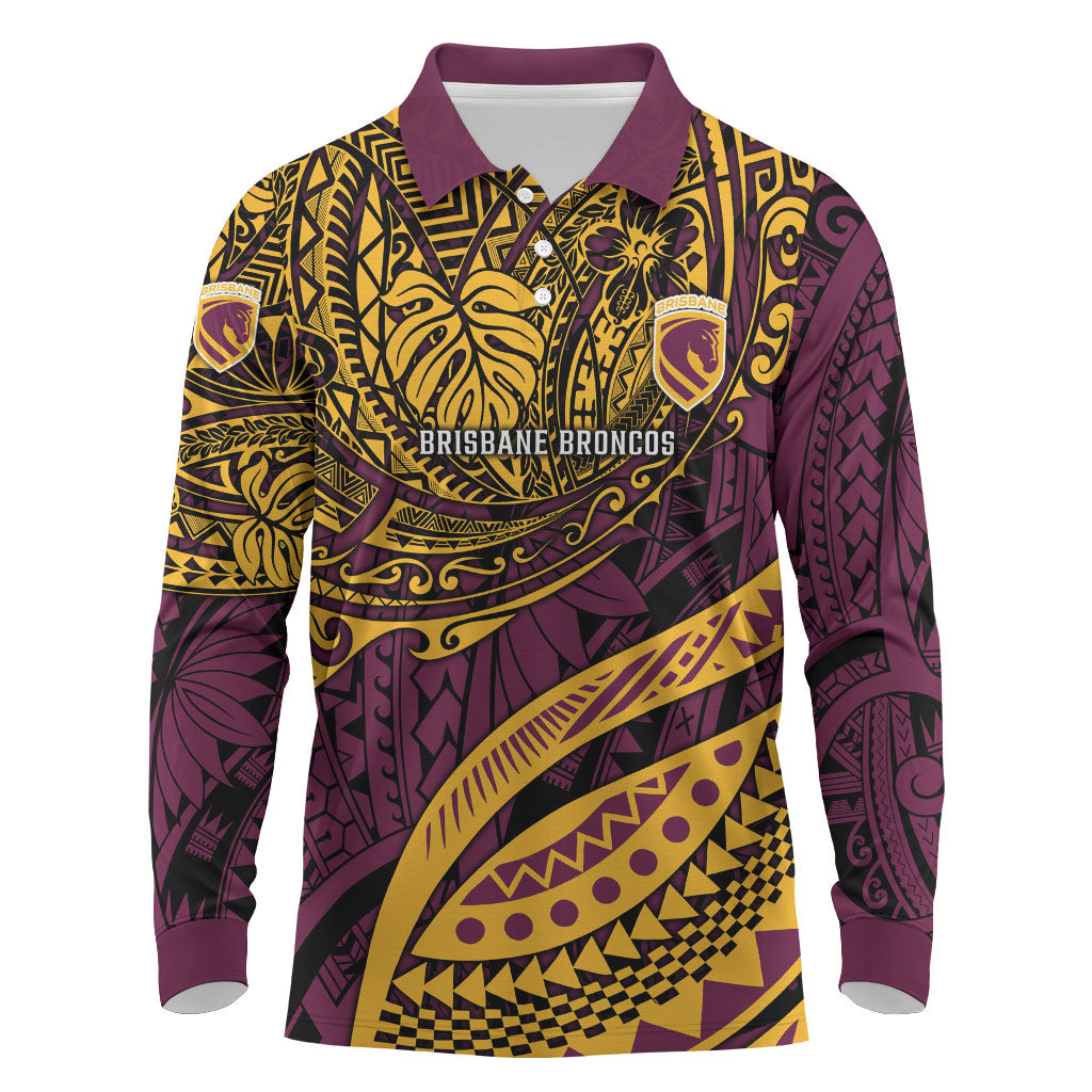 Personalised Brisbane Broncos Long Sleeve Polo Shirt Polynesian Tribal Art Style With Hammerhead Mascot