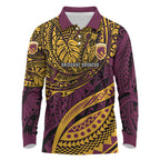 Personalised Brisbane Broncos Long Sleeve Polo Shirt Polynesian Tribal Art Style With Hammerhead Mascot