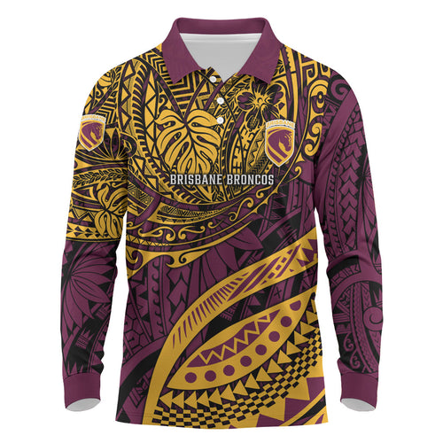 Personalised Brisbane Broncos Long Sleeve Polo Shirt Polynesian Tribal Art Style With Hammerhead Mascot
