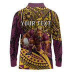 Personalised Brisbane Broncos Long Sleeve Polo Shirt Polynesian Tribal Art Style With Hammerhead Mascot