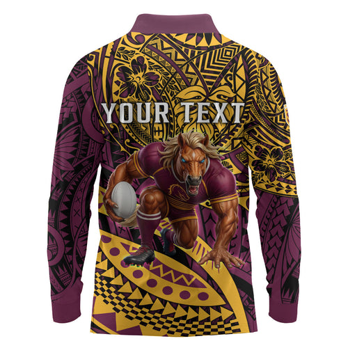 Personalised Brisbane Broncos Long Sleeve Polo Shirt Polynesian Tribal Art Style With Hammerhead Mascot