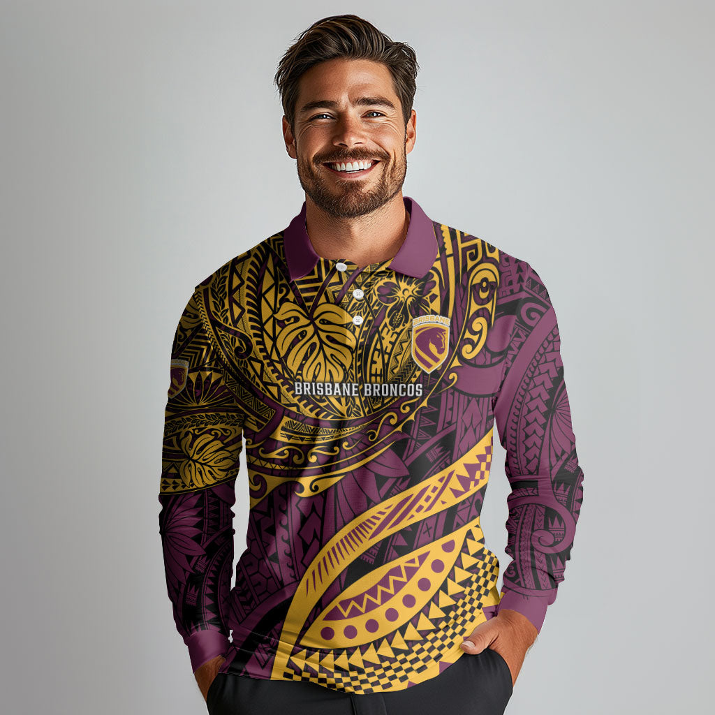 Personalised Brisbane Broncos Long Sleeve Polo Shirt Polynesian Tribal Art Style With Hammerhead Mascot