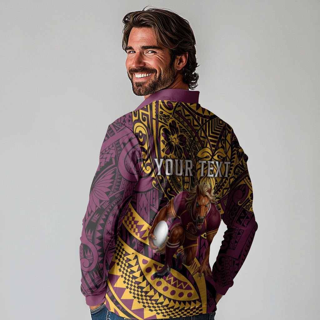 Personalised Brisbane Broncos Long Sleeve Polo Shirt Polynesian Tribal Art Style With Hammerhead Mascot