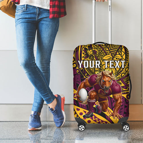 Personalised Brisbane Broncos Luggage Cover Polynesian Tribal Art Style With Hammerhead Mascot