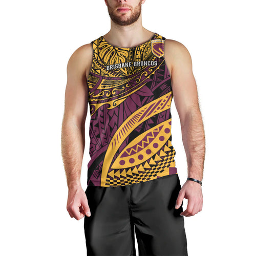 Personalised Brisbane Broncos Men Tank Top Polynesian Tribal Art Style With Hammerhead Mascot