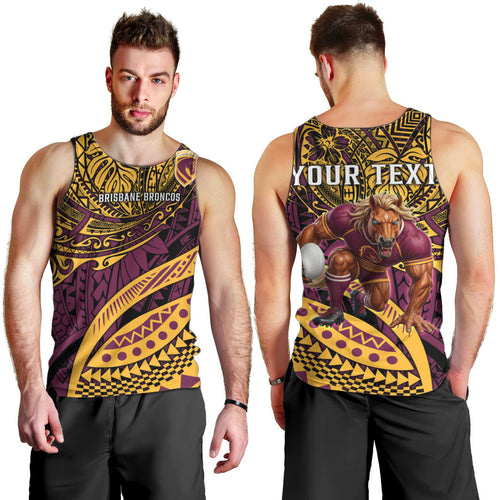 Personalised Brisbane Broncos Men Tank Top Polynesian Tribal Art Style With Hammerhead Mascot