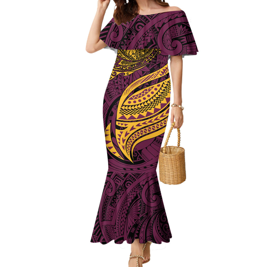 Personalised Brisbane Broncos Mermaid Dress Polynesian Tribal Art Style With Hammerhead Mascot