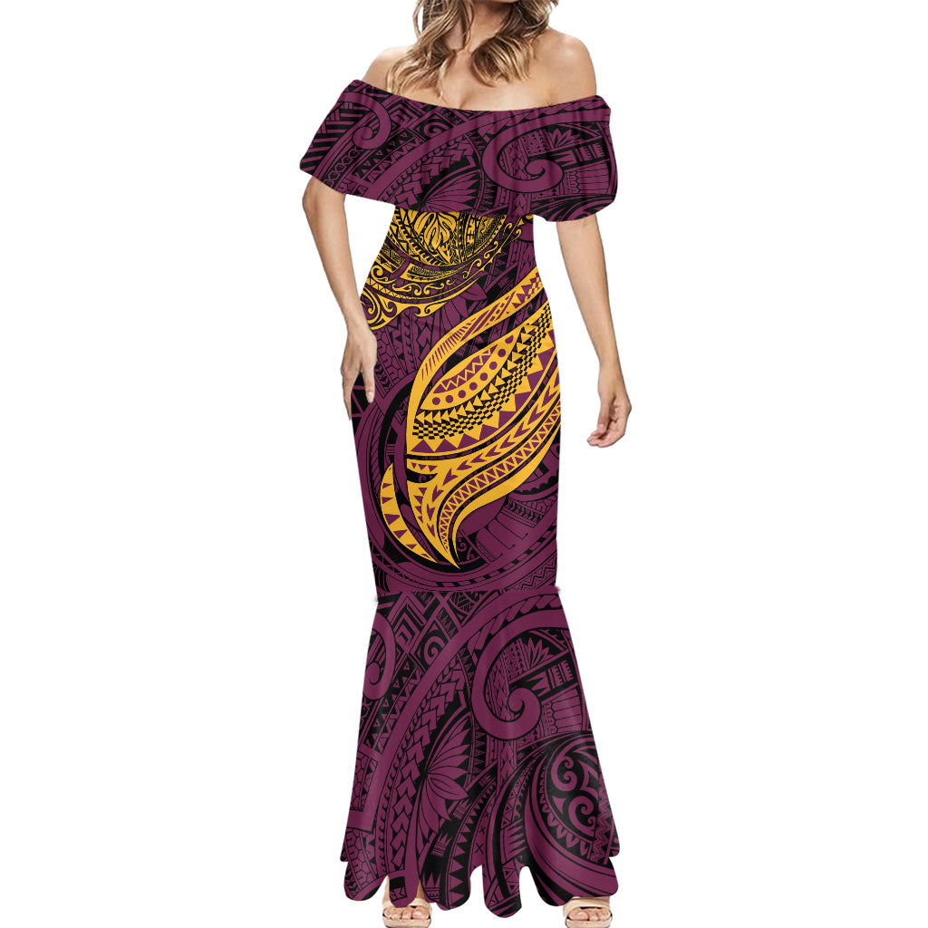 Personalised Brisbane Broncos Mermaid Dress Polynesian Tribal Art Style With Hammerhead Mascot