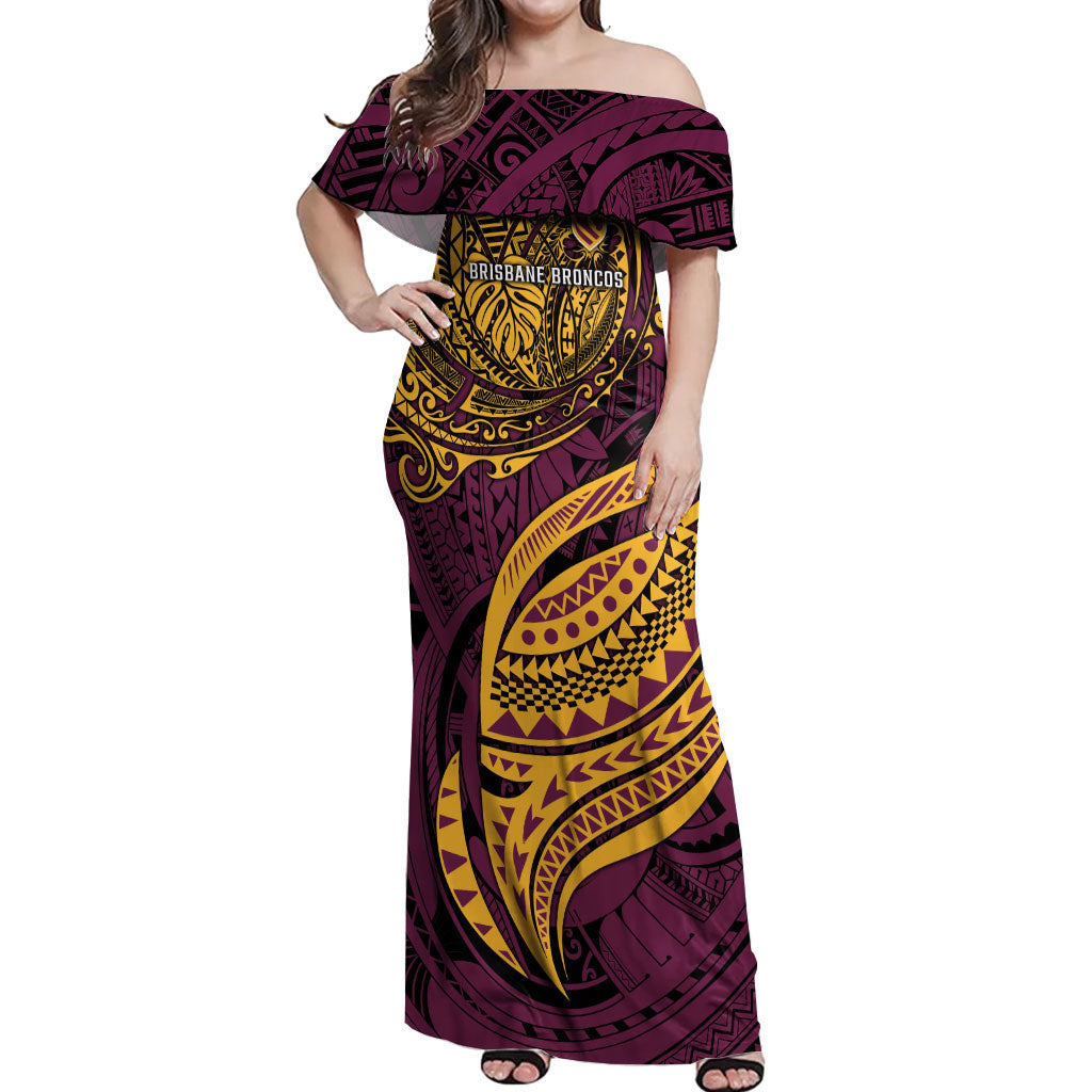 Personalised Brisbane Broncos Off Shoulder Maxi Dress Polynesian Tribal Art Style With Hammerhead Mascot