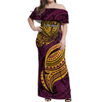 Personalised Brisbane Broncos Off Shoulder Maxi Dress Polynesian Tribal Art Style With Hammerhead Mascot