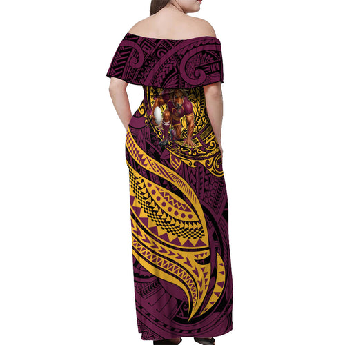 Personalised Brisbane Broncos Off Shoulder Maxi Dress Polynesian Tribal Art Style With Hammerhead Mascot