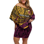 Personalised Brisbane Broncos Off Shoulder Short Dress Polynesian Tribal Art Style With Hammerhead Mascot
