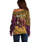 Personalised Brisbane Broncos Off Shoulder Sweater Polynesian Tribal Art Style With Hammerhead Mascot