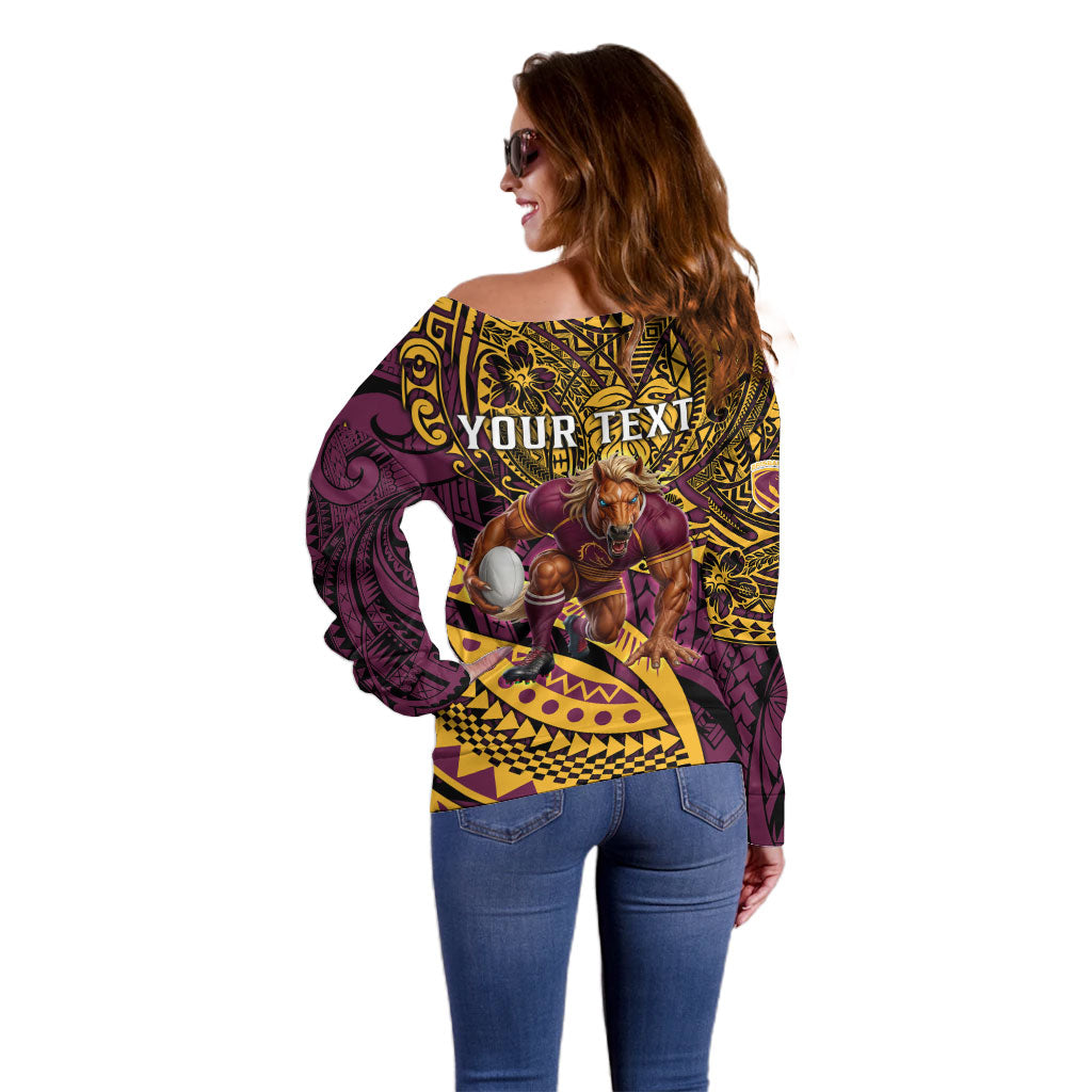 Personalised Brisbane Broncos Off Shoulder Sweater Polynesian Tribal Art Style With Hammerhead Mascot