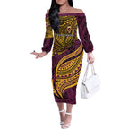 Personalised Brisbane Broncos Off The Shoulder Long Sleeve Dress Polynesian Tribal Art Style With Hammerhead Mascot