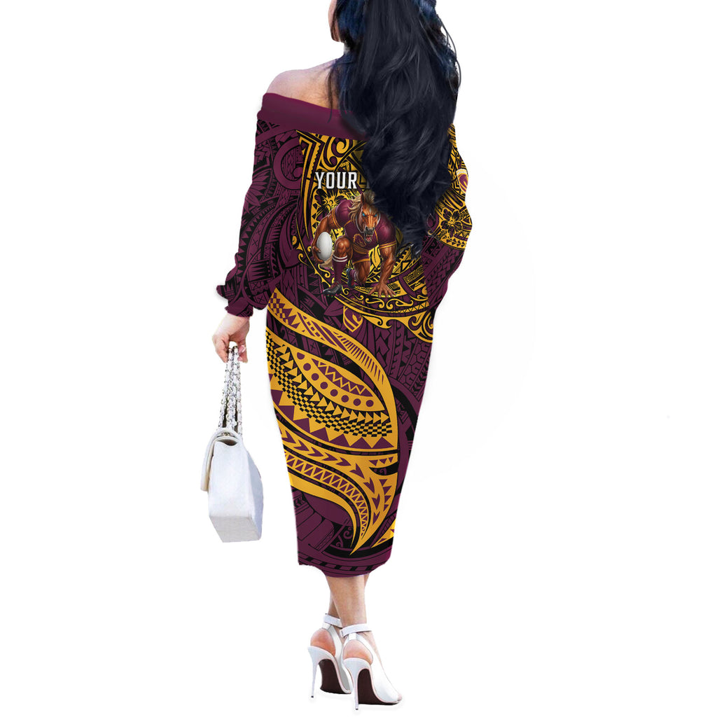 Personalised Brisbane Broncos Off The Shoulder Long Sleeve Dress Polynesian Tribal Art Style With Hammerhead Mascot