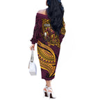 Personalised Brisbane Broncos Off The Shoulder Long Sleeve Dress Polynesian Tribal Art Style With Hammerhead Mascot