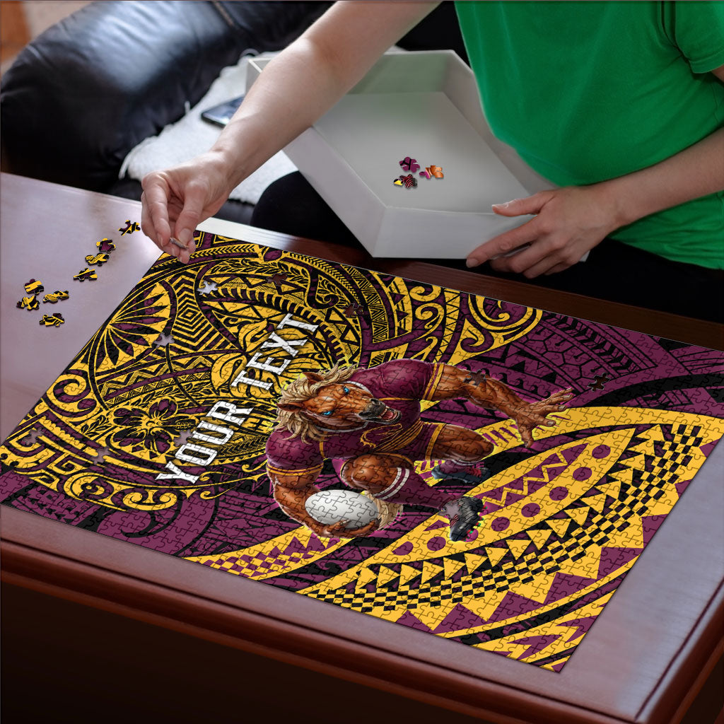 Personalised Brisbane Broncos Puzzle Polynesian Tribal Art Style With Hammerhead Mascot