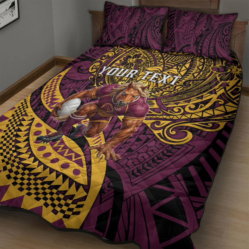 Personalised Brisbane Broncos Quilt Bed Set Polynesian Tribal Art Style With Hammerhead Mascot