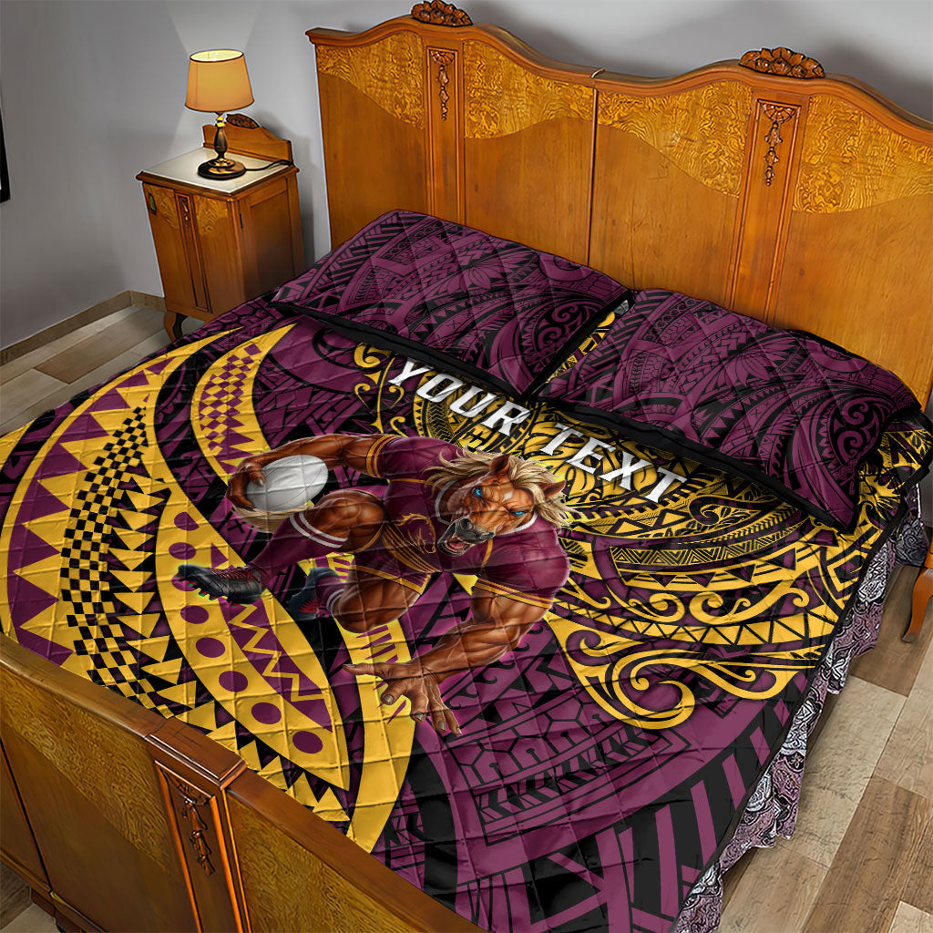 Personalised Brisbane Broncos Quilt Bed Set Polynesian Tribal Art Style With Hammerhead Mascot