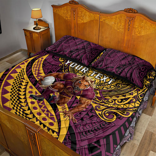 Personalised Brisbane Broncos Quilt Bed Set Polynesian Tribal Art Style With Hammerhead Mascot