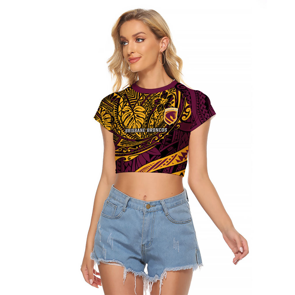 Personalised Brisbane Broncos Raglan Cropped T Shirt Polynesian Tribal Art Style With Hammerhead Mascot