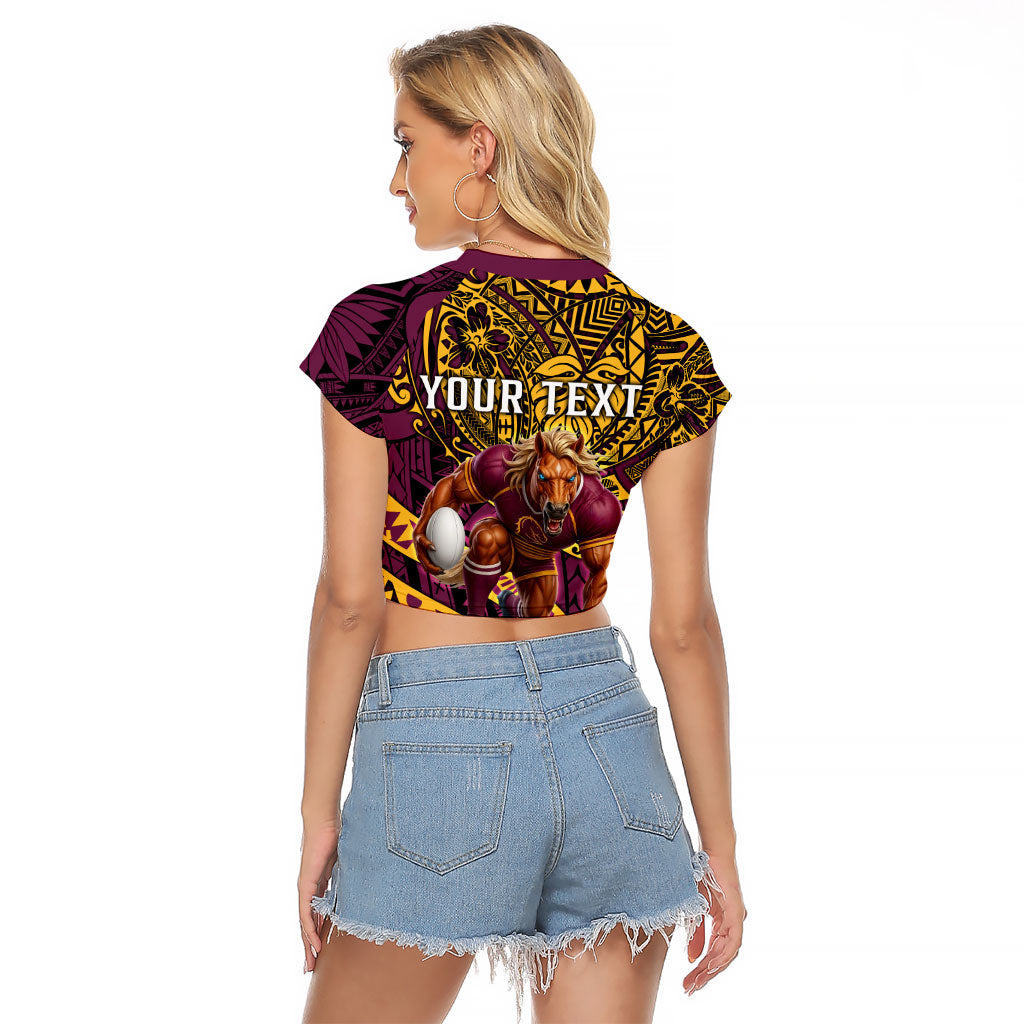 Personalised Brisbane Broncos Raglan Cropped T Shirt Polynesian Tribal Art Style With Hammerhead Mascot