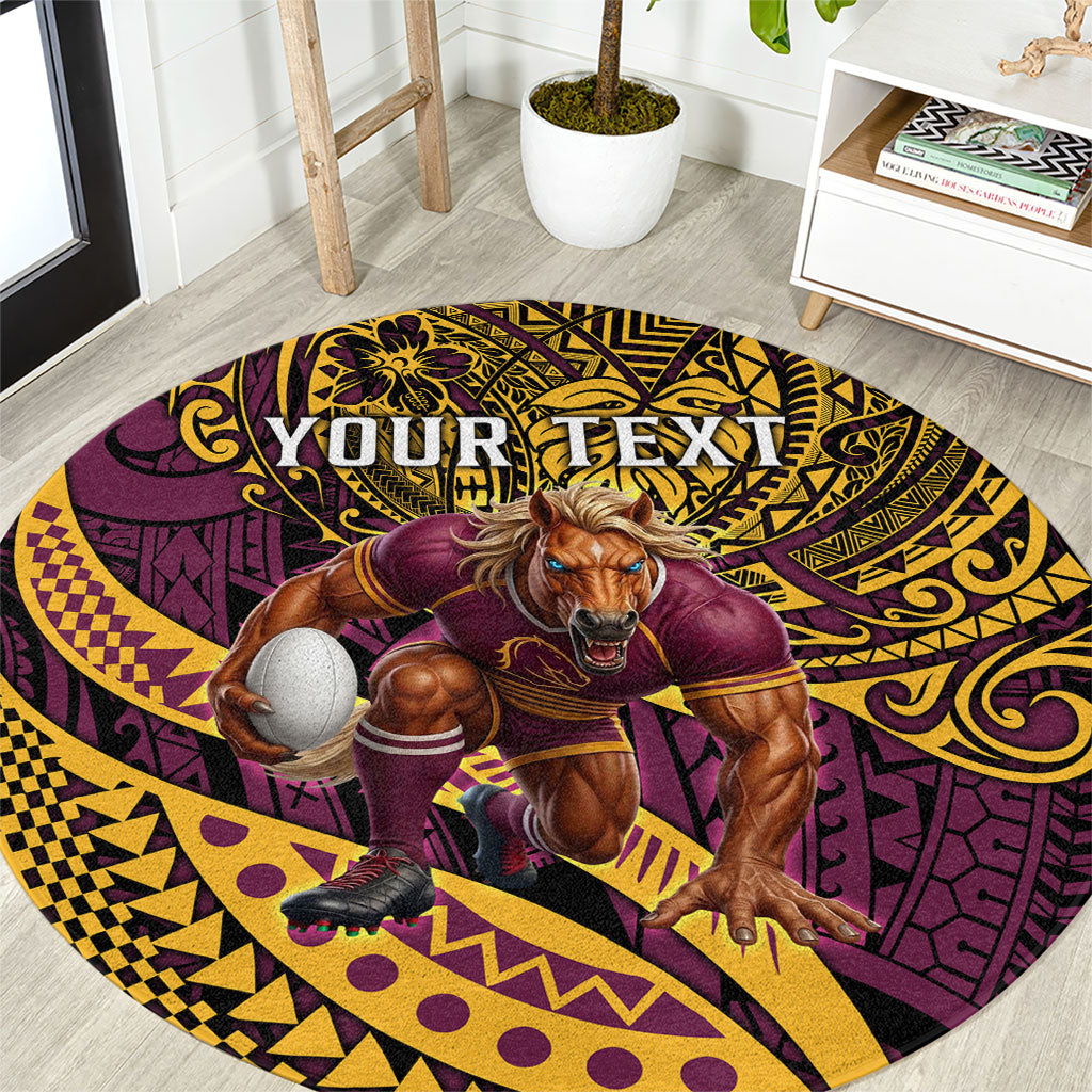 Personalised Brisbane Broncos Round Carpet Polynesian Tribal Art Style With Hammerhead Mascot