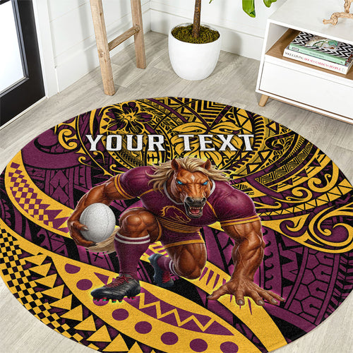 Personalised Brisbane Broncos Round Carpet Polynesian Tribal Art Style With Hammerhead Mascot
