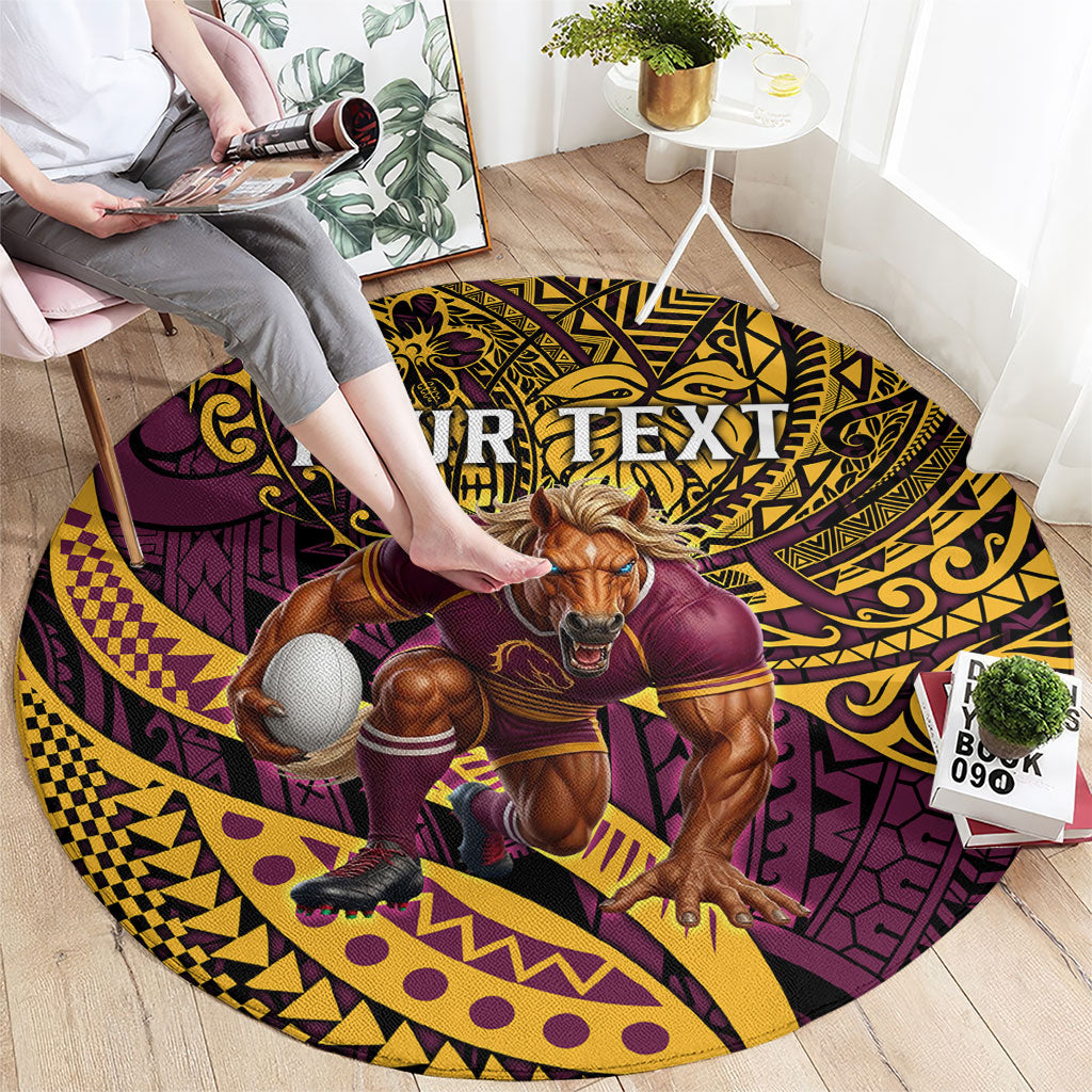 Personalised Brisbane Broncos Round Carpet Polynesian Tribal Art Style With Hammerhead Mascot