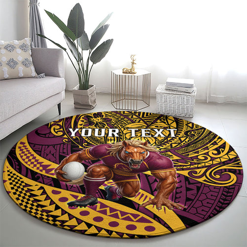 Personalised Brisbane Broncos Round Carpet Polynesian Tribal Art Style With Hammerhead Mascot
