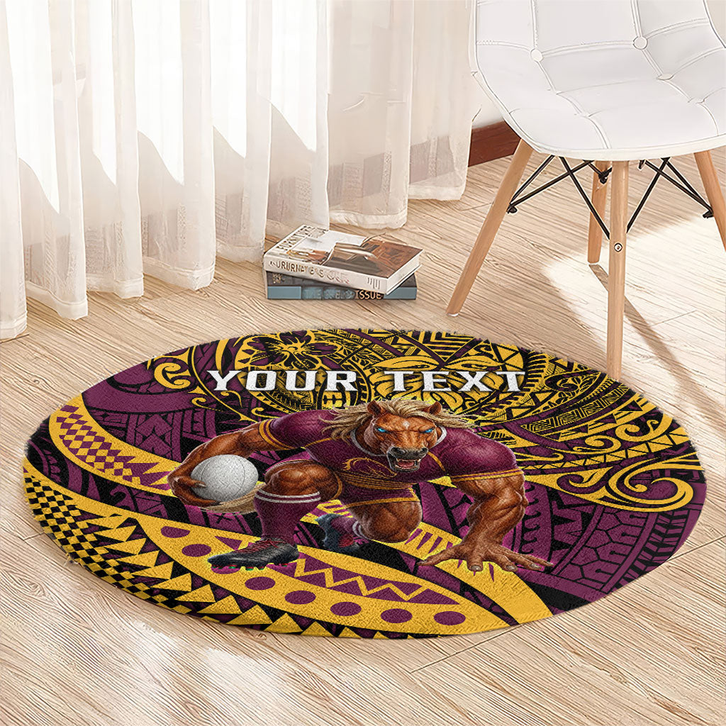 Personalised Brisbane Broncos Round Carpet Polynesian Tribal Art Style With Hammerhead Mascot