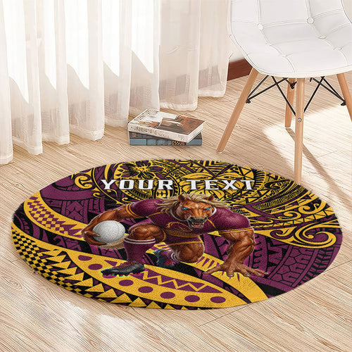 Personalised Brisbane Broncos Round Carpet Polynesian Tribal Art Style With Hammerhead Mascot