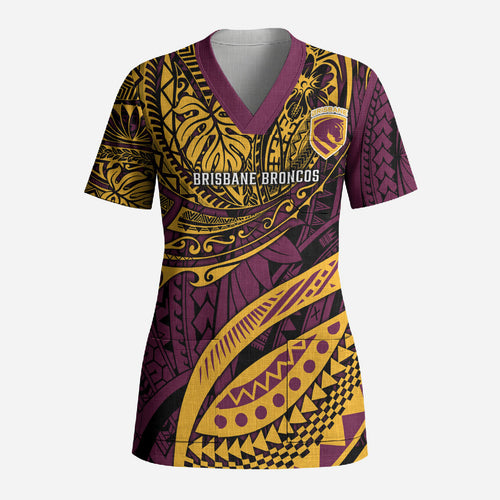 Personalised Brisbane Broncos Scrub Top Polynesian Tribal Art Style With Hammerhead Mascot