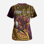 Personalised Brisbane Broncos Scrub Top Polynesian Tribal Art Style With Hammerhead Mascot