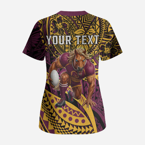 Personalised Brisbane Broncos Scrub Top Polynesian Tribal Art Style With Hammerhead Mascot