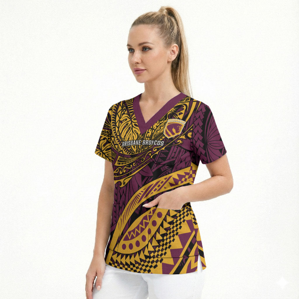 Personalised Brisbane Broncos Scrub Top Polynesian Tribal Art Style With Hammerhead Mascot