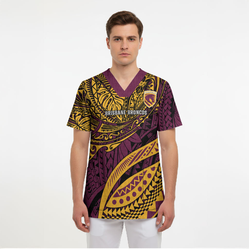 Personalised Brisbane Broncos Scrub Top Polynesian Tribal Art Style With Hammerhead Mascot
