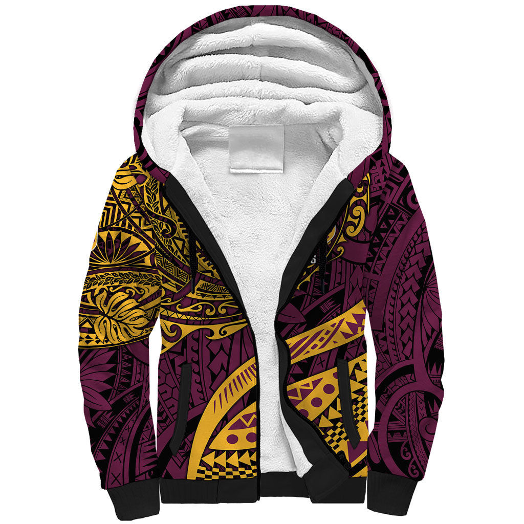 Personalised Brisbane Broncos Sherpa Hoodie Polynesian Tribal Art Style With Hammerhead Mascot